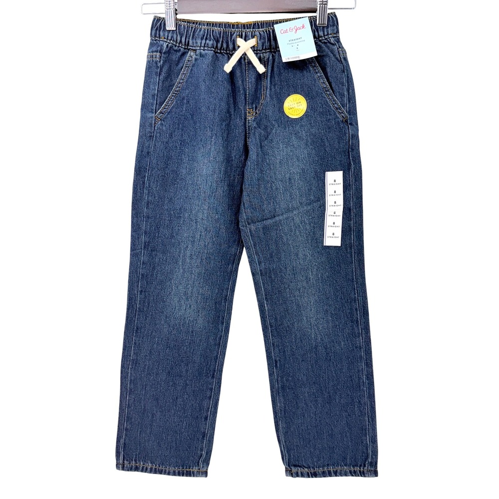 Cat & Jack Straight Jeans Girls Size 8 Dark Wash NEW Flexible Drawstring Denim